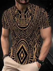 Men's Gold Maori Tribal Totem Polynesian Tattoo Vintage Geometric Ethnic Print 3D Short Sleeve T-Shirt, Retro Casual Breathable Round Neck Top