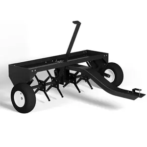 48-Inch Tow Behind Lawn Plug Aerator with Gloves and Universal Hitch, Lawn Aerator Tow Behind with Steel Tines,Tray and Inflatable Wheels for Gardens, Lawns and Farms, Black