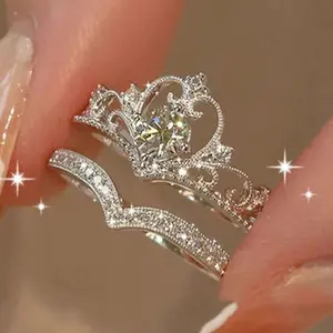 2PCS Fairy Sparkling Crown Rings – Adjustable Crystal Queen Rings for Women & Teens, Korean Party Fashion Jewelry Set