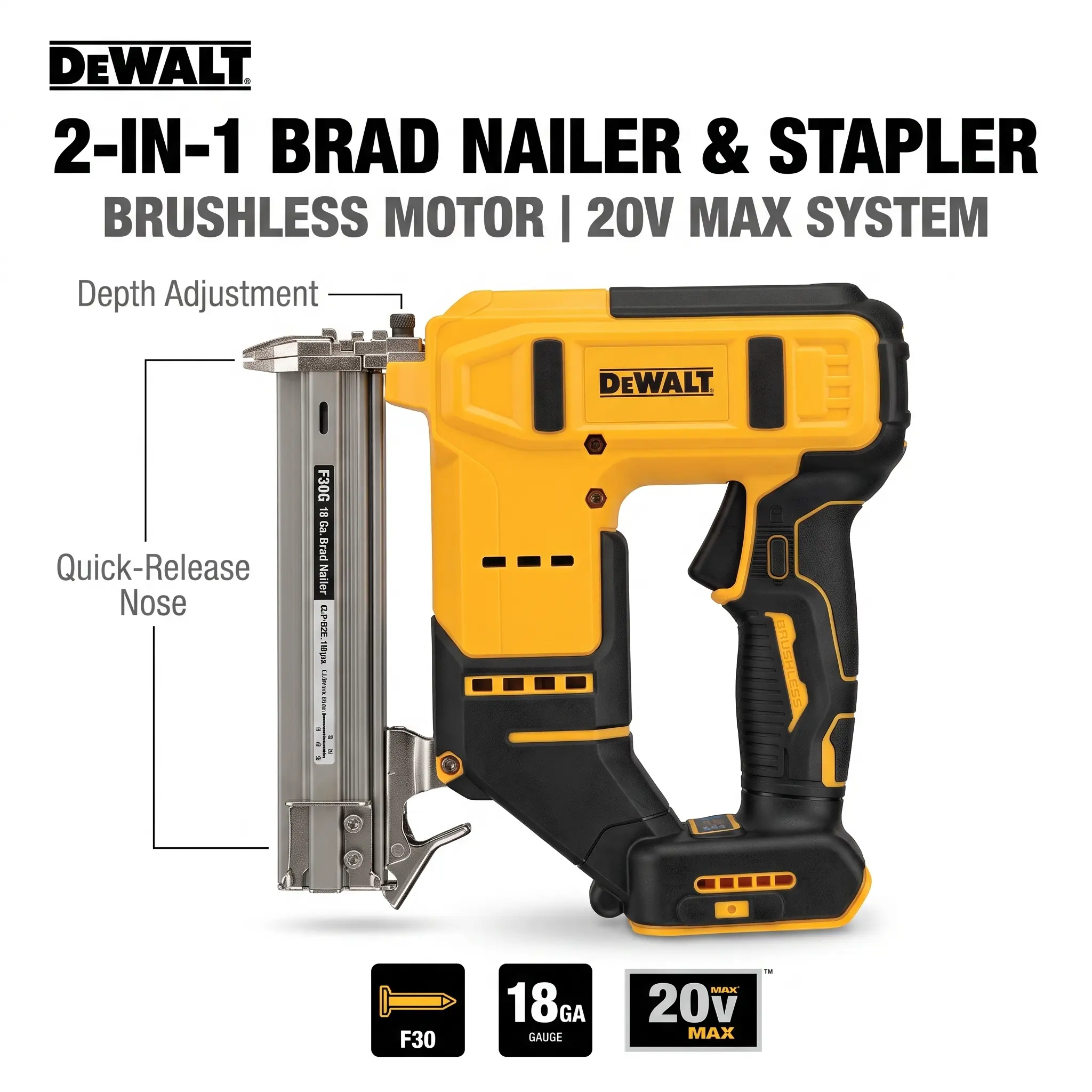 DEWALT Compatible 20V Cordless 2 in 1 Brad Nailer & Stapler, Brushless 18GA Finish Nail Gun, Fires F10-F30 Brad Nails & 422J Staples for Trim, Furniture, Woodworking & DIY Projects
