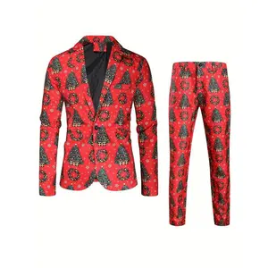 Men's Stylish Christmas Digital Print Suit Set, 2pcs Polyester Party Outfit With Blazer And Pants