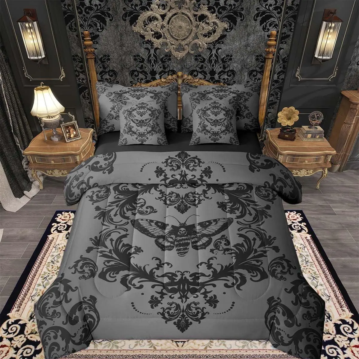 Adults Black Grey Vintage Damask Floral Comforter Set with Sheets for Kids Boys Girls Gothic Death Moth Skull 7 Pieces Bedding Set Oriental Antique Bed in a Bag Room Decor Soft Microfiber