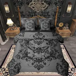 Adults Black Grey Vintage Damask Floral Comforter Set with Sheets for Kids Boys Girls Gothic Death Moth Skull 7 Pieces Bedding Set Oriental Antique Bed in a Bag Room Decor Soft Microfiber