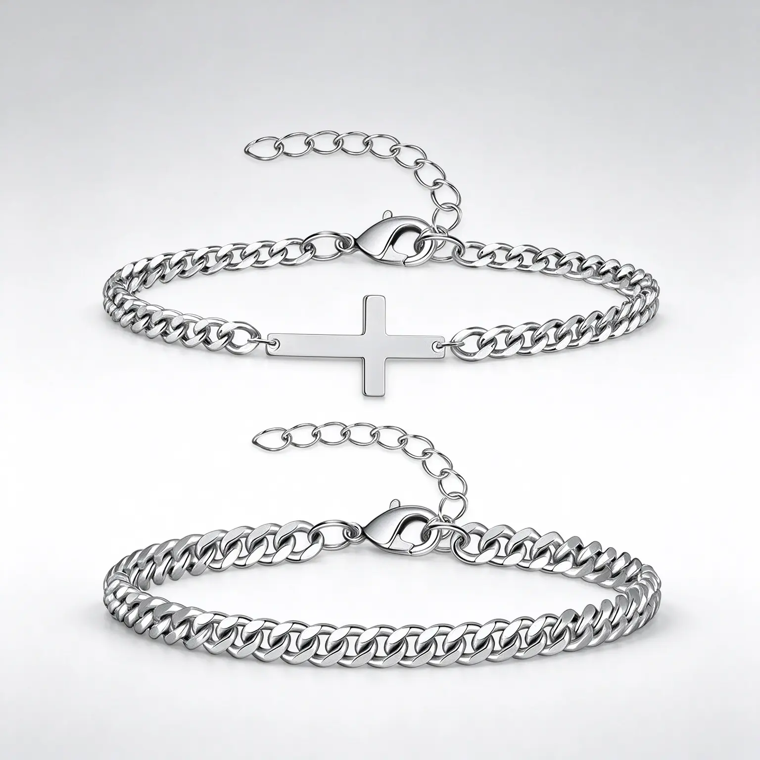 Men's Adjustable Cuban Link Cross Bracelet Set - Silver Stainless Steel, Faith-Inspired Gift for Men