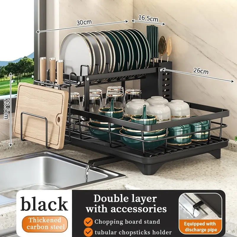 2-Tier Dish Drying Rack with Draining Board Carbon Steel Kitchen Dish Drainer 360° Rotating Spout Large Capacity Countertop Organizer Black