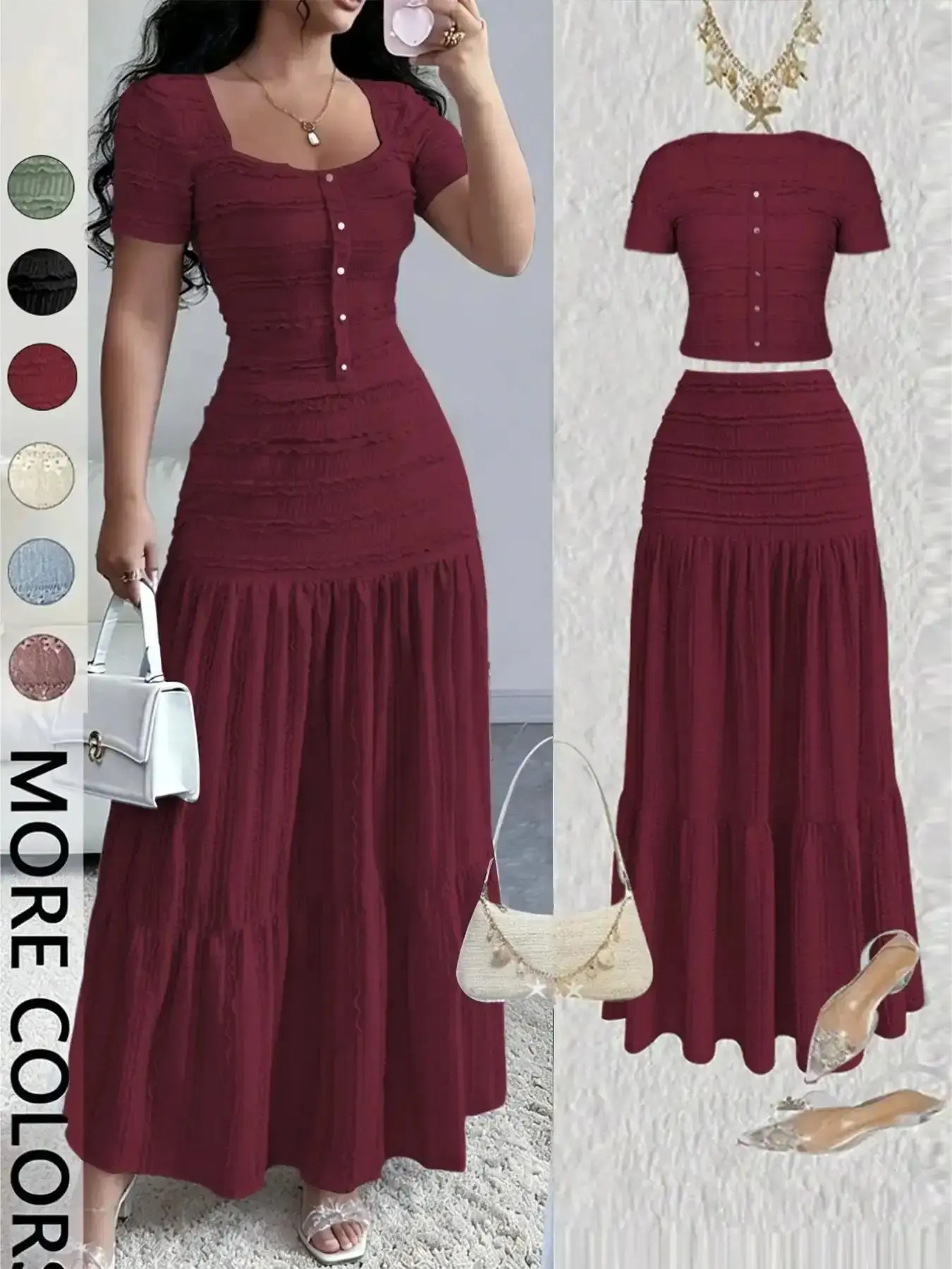 Women's Essential Casual Elegant Short-Sleeve Square-Neck T-Shirt and Half Skirt Set, Cute Spring and Fall Outfit, effortless layering, chic everyday, refined casual, versatile piece