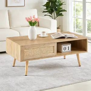 41.34" Modern Rattan Coffee Table with Sliding Storage Door, Solid Wood Legs, Stylish Center Table for Living Room