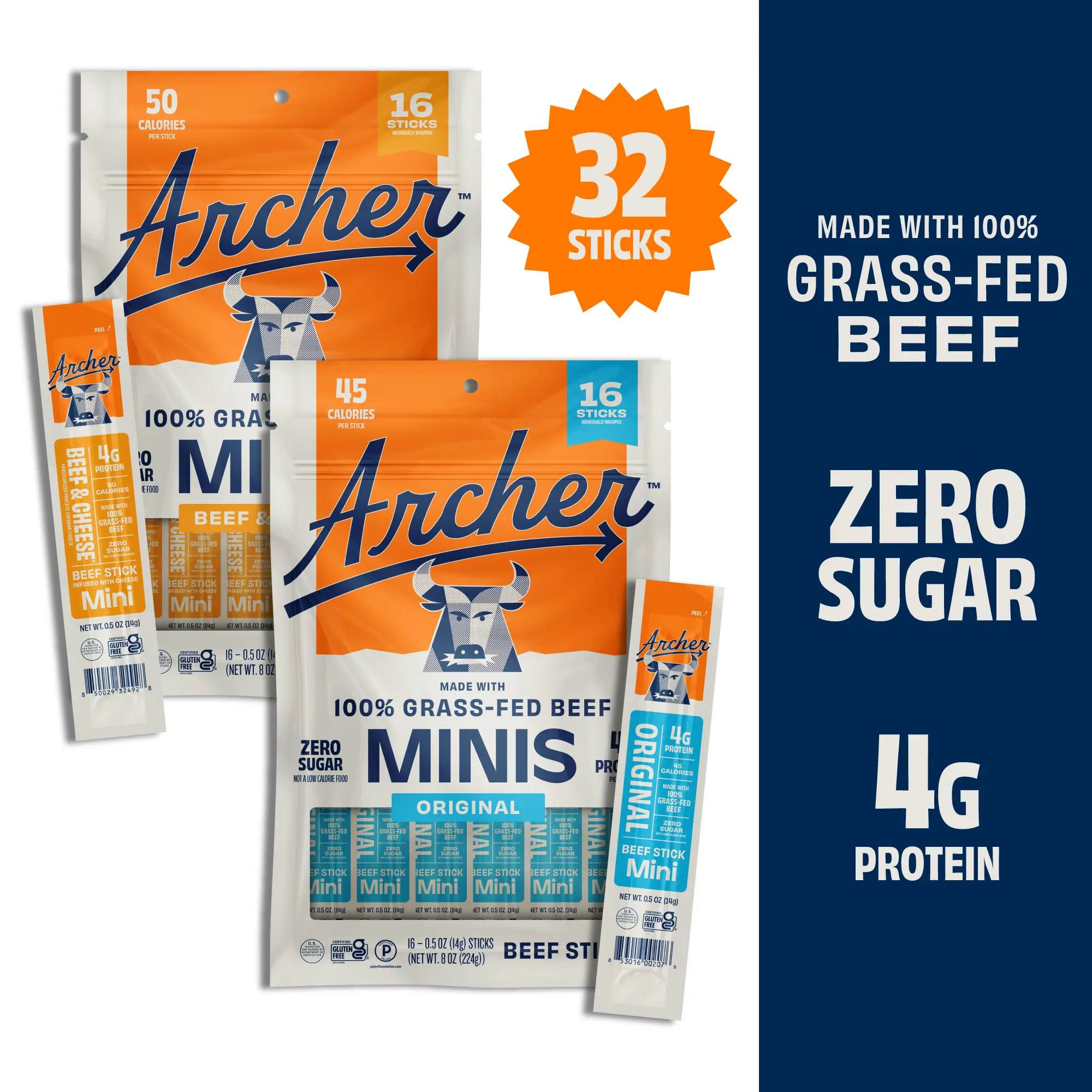 Archer Mini Beef Sticks Variety Pack - 32-Count Natural High Protein Dried Snacks, Includes Original, Beef & Cheese Flavors, On-the-Go Healthy Snacks, High Protein Snack