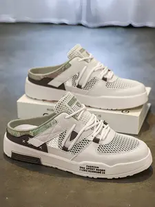 Plus Size Men's White-Gray Mesh Mule Sneakers, Slip On Mules, Light & Breathable Stylish, Hollowed Mesh + Mule Slip-On Design + FASHION Slogan, Breathable & Refreshing, Ideal for Summer Leisure & Light Outings