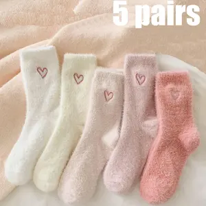 Women’s Lovely Heart-Shaped Smooth Fluffy Thermal Mid-Calf Socks, Cozy Multi-Pack Basic Socks For Daily Wear, Vibrant 5-Pack Fuzzy Socks cashmeresocks
