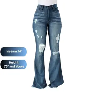 ��2025��Women's Mid-low Rise Stretch Ripped Jeans Regular Wide Leg Boot Cut Flare Mid Blue GP3003M Womenswear Bottom Maxi Streetwear Trouser Denim Pants Zipper