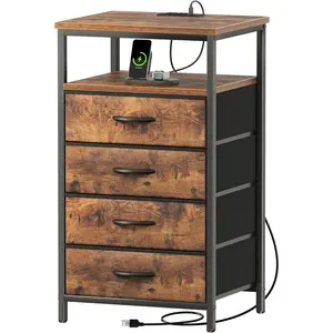 Night Stand with Charging Station, 4 Drawer Dresser for Bedroom, Bedside Table, 33.9 Inch Tall Nightstand with Open Shelf, End Table, for Closet, Entryway, Bedroom, Rustic Brown