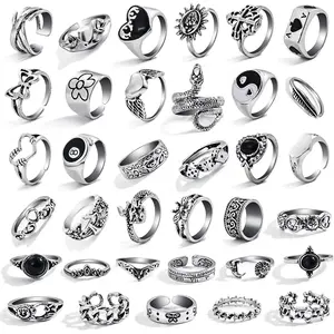 26-35 Pcs Vintage Silver Knuckle Rings Set for Women Men, Grunge Gothic Rings Chunky Aesthetic Snake Stackable Adjustable Punk Bulky Finger Alt Fairy Skull Frog Heart Star Flower Midi Ring Pack