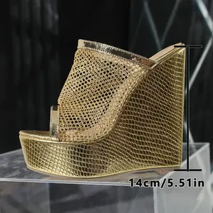Elegant Golden Snake-Pattern Wedges | Women's Summer Slip-on Platform Heels with Round Toe | Polyurethane Upper & Inner, Rubber Sole | Ultrahigh 14cm Heel | Huizhou Crafted Mesh Peep-Toe Sandals Girl Walking Shoes
