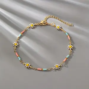 A Small And Delicate Thin Chain Anklet, With A Mini Rice Bead Flower Shape, A Simple And Elegant Ankle ChainValentine'S Day