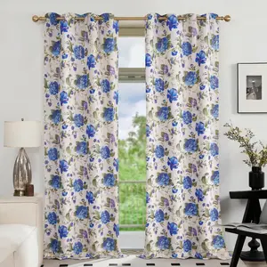 2 Panels Foil Metallic printed Full Blackout Gormmets Curtains, 52x84 inch  Rose Flower Pattern Window Drapes for Home Decor QF121 Summer gift Thermal Insulated Noise Reducing Light Blocking