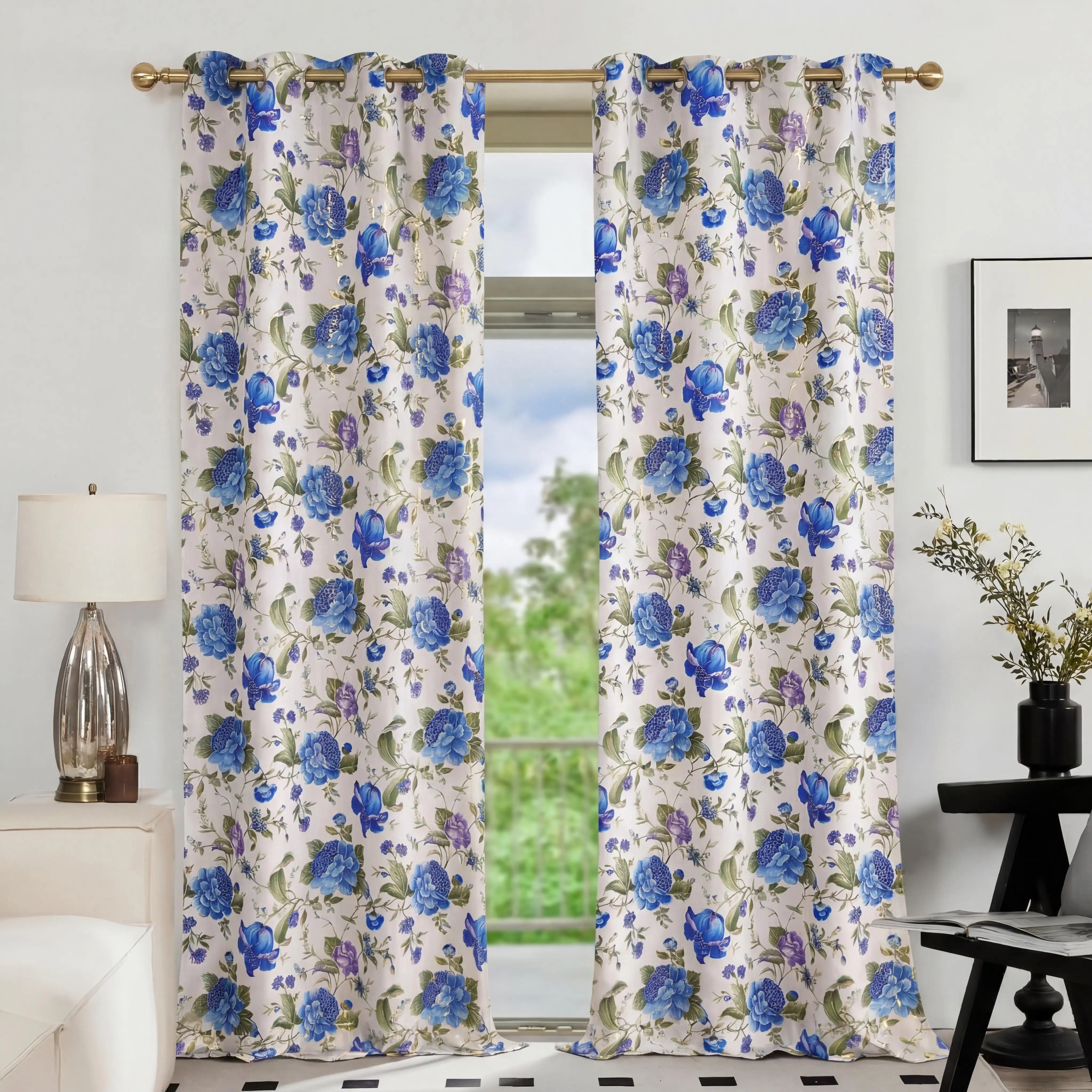 2-Panel Foil Metallic Printed Floral Grommet Blackout Curtains, 52x84in Durable Rose Drapes - Thermal Insulated, Soundproof, Home Decorative for Bedroom - Hand Wash Only QF121, Grommet Curtains