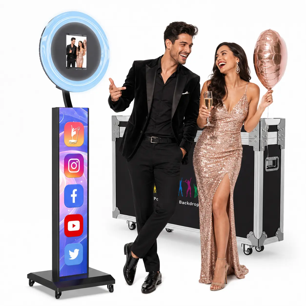 MWE iPad Photo Booth Stand with Personalized Logo, Portable Selfie Kiosk for Events, Stable Mobile Base, Fits Multiple iPad Models, Compatible with Photo Booth Apps for Weddings, Birthdays & Parties
