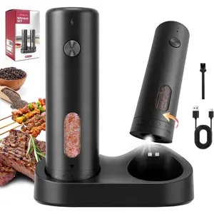 110ml Electric Salt and Pepper  Set, Rechargeable salt and pepper shakers with LED Light, 2-Pack with  Base, External 6 Adjustable Coarseness, Holiday Gifts