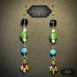 Brandy Frazier Handmade Beaded Wire Earrings with Iridescent Yellow Glass, Raspberry Seed Beads, Green Glass Beads and Purple and Teal Faceted Beads