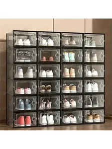 24-Pack Clear Plastic Shoe Storage Boxes – Stackable Organizer Bins with Drop-Front Lids, Sneaker Containers, Toy & Clothes Storage for Closet, Entryway, Under Bed – Space-Saving Stackable Shoe Rack, Black