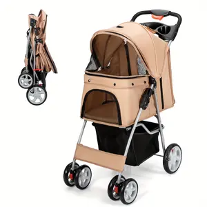 Costway Folding Pet Stroller 4-Wheel Pet Travel Carrier w/Storage Basket Beige