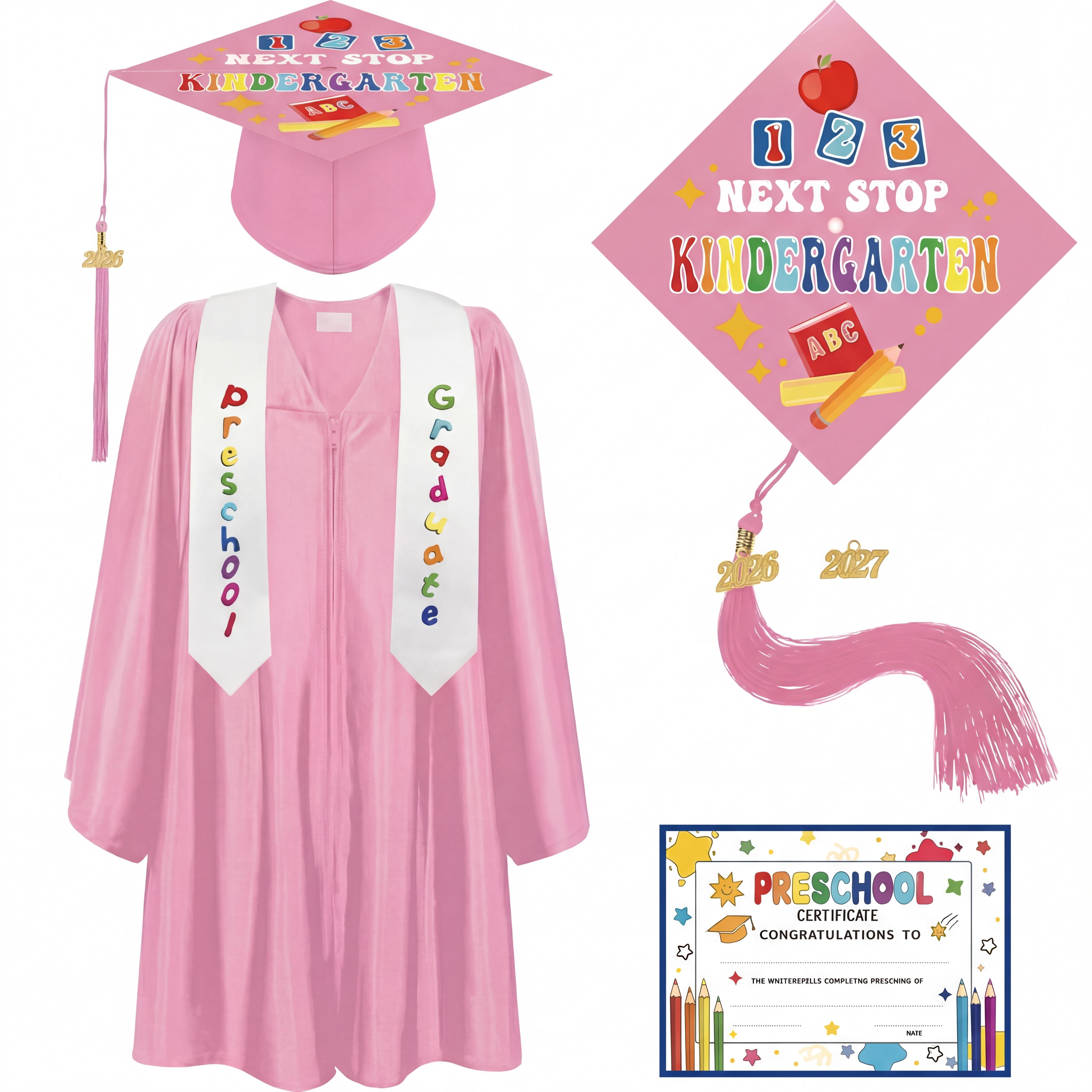 4 pcs Kindergarten Preschool Class Graduation Gown Set Cap Gown Stole with 2026 Tassel and Certificate for Toddler Kids Classmates or Friends Student Graduation School Supplies