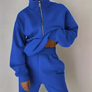 Women's Blue Fleece Sweatshirt Set Long Sleeve Casual Fashion Thickened Sports Two-Piece Drop Shoulder & Below Ankle Hem