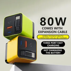 Quriov 3 in 1 Charger, Retractable 80W MAX Fast Charger Block with Type-C Cable & 2 USB Ports, Portable Adapter iPhone Smartphone Electronic, Yellow, Cellphone, Folding Charging