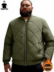 Men's Plus Size Long Cotton Jacket, Long Sleeve Casual Fashion Stand Collar Coat, Thickened Argyle Pattern, Winter Menswear for Shopping, Dating, Work, Christmas Gift