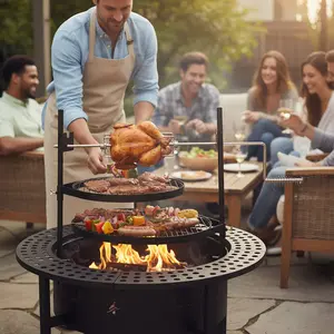 33-Inch Outdoor Fire Pit & BBQ Grill with Rotisserie & 2 Cooking Grates