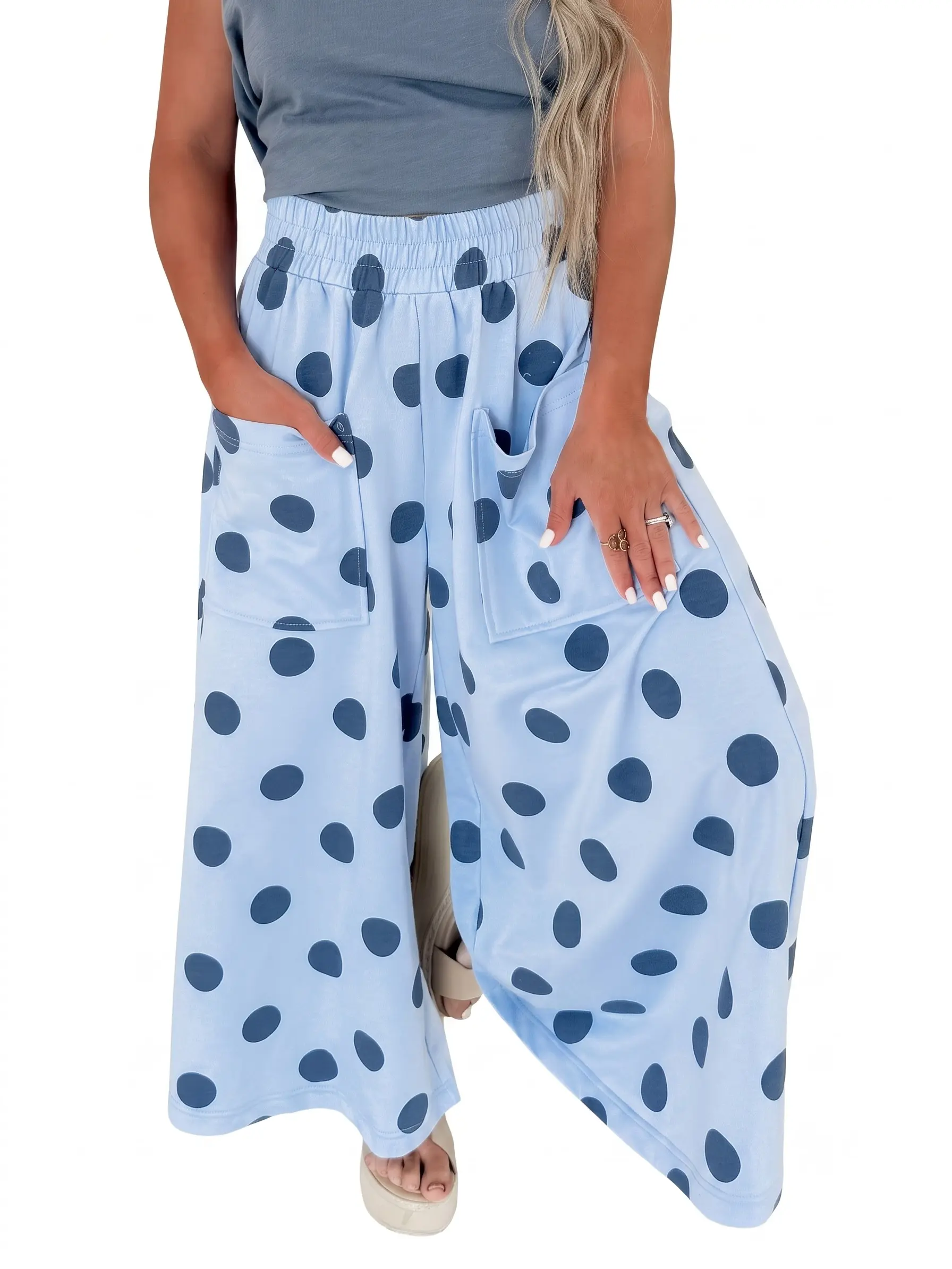 Women's Wide Leg Pants Casual Elastic High Waist Flowy Lounge Trousers with Pockets Polka Dot Bohemian