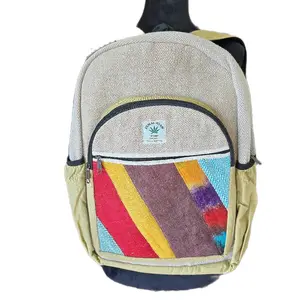 Handmade Boho Patchwork Backpack - Beige with Colorful Striped Design, Top Handle & Zippered Closure