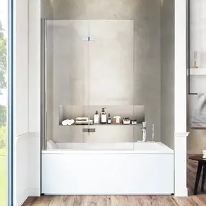36" W x 55" H Frameless  Bi-Fold Hinged Bathtub Door with 1/4" (6 mm) Clear Tempered Glass, 180° Pivoting and Full Fold