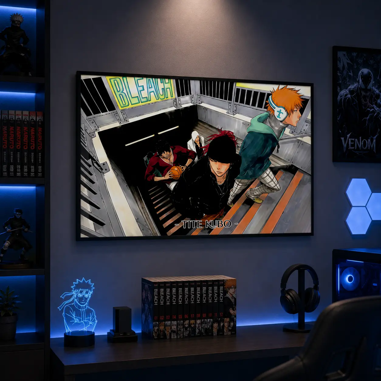 "Ichigo with Headphones & Chad with Basketball" Canvas Wall Art - Premium Wrapped Fabric Mural, Urban Streetwear Anime Theme Poster for Gaming Room