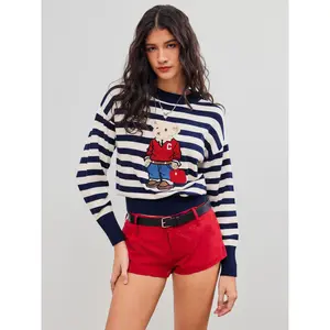 Cider [size 2-26] Knit Round Neckline Striped Bear Long Sleeve Top