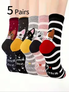 5 Pairs Cute Cat Socks, Striped Cartoon Animal Ear Mid-Calf Socks, Soft Comfortable Breathable, Women Teenage Fun Sports Socks, Fall & Winter