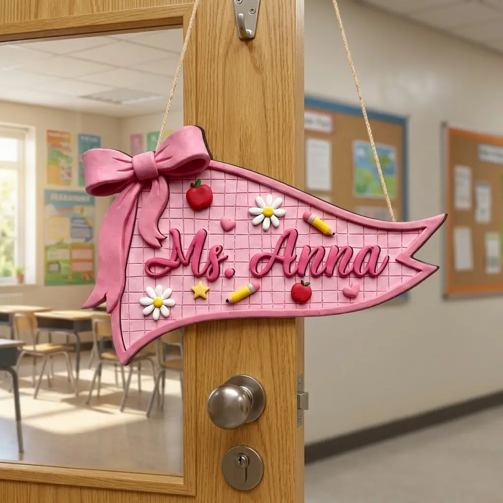 Personalized Teacher Pennant Sign, Custom Classroom Door Hanger, Bow Flag Name Sign, Wooden Teacher Decor Gift, First Day of School Sign, Teacher Gift Idea