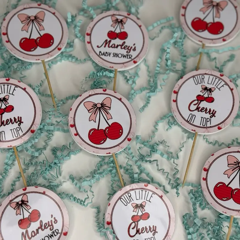 Cherry On Top Baby Shower Cupcake Toppers - Decorative Cupcake Toppers with Cherry Design and Bow Accents