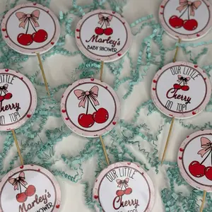Cherry On Top Baby Shower Cupcake Toppers - Decorative Cupcake Toppers with Cherry Design and Bow Accents