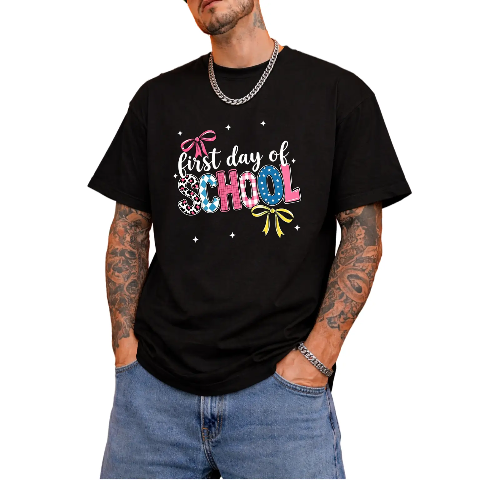 Back To School T‑Shirt Colorful Pattern Letter First Day Of School Bow Star Decor Crew Neck Casual Youth Tee