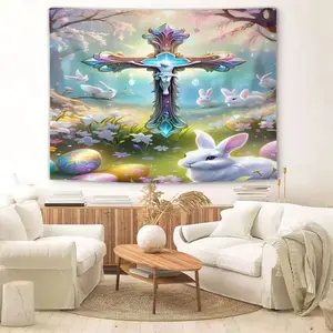 Iridescent Cross & White Bunny Tapestry (1 Pc): Iridescent cross and white bunny print, eye-catching personality full of fun, fits bedroom walls, dreamy faith backgrounds, creative decorative walls