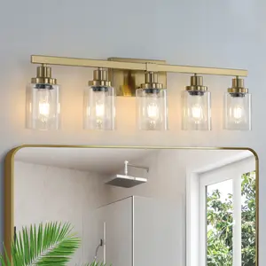31" Golden 5-Light Vanity Light with Clear Glass Shades, Modern Iron Metal Bathroom Wall Fixture for Mirror, Ideal for Bathroom and Dressing Table (No Bulbs)
