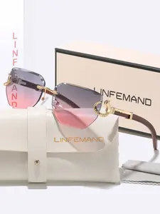 Women's Uv400 Sunglasses Frameless Gradient Design, Leopard Head Metal Decoration, Imitated Wood Texture Legs, Fashionable Sun Protection Glasses