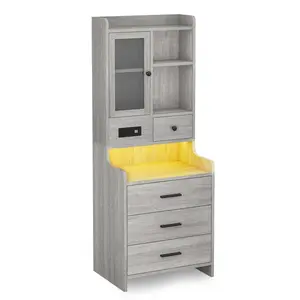 LED Tall Nightstand with Glass Door Storage Grey