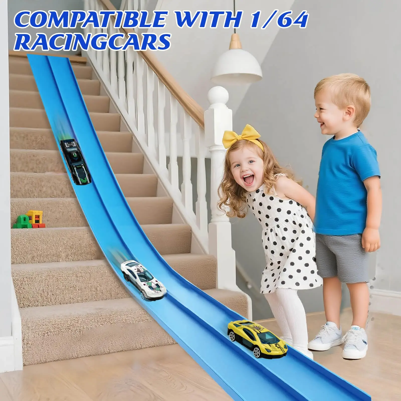 DIY Elastic Slope Track Toyset - 15ft Flexible Plastic Track, 6 Suction Cups, Portable, Durable, Compatible with 1/64 Diecast Cars, Ideal for 3-8Y (6-8Y Focus), Car Racing, Motor Skills Development, Indoor Birthday Gift