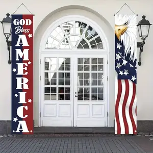 2 Pieces American Flag Yard Hanging Decor Double Banner, God Bless America Patriotic Eagle Porch Banner Sign, Memorial Day American Flag Stars and Stripes Front Door Decor Hanging Welcome Banner, USA Decor Home Outdoor Yard Decor Ornaments Decoration