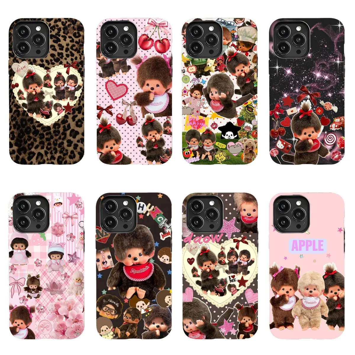 Monchhichi Adorable Cartoon Phone Case — Japanese "Moe" Aesthetic with Strawberry & Polka Dot Design (Model Y909). Compatible with iPhone 11–17 Pro Max/Plus Series and Samsung Galaxy S23– Series. The perfect gift for friends!