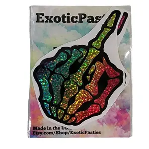 ExoticPasties Middle Finger Skeleton Hand Nipple Pasties Covers - Simple Peel & Stick - Full Coverage 2.25in - Made in USA -  Night Raves Parties