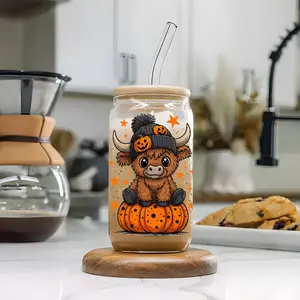 Gothic Cute Highland Cow 16oz Glass Can Cup with Lid and Straw, Reusable Glass Drinking Cup, High-Quality Glass Jar for Iced Coffee, Beer, Juice, Milk, Cold Drinks, Fashionable Glassware, Perfect Gift for Halloween Lovers, Mom, Family & Friends, Drinkware